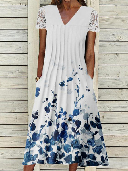 

Floral V Neck Short Sleeve Casual Woven Dress, White, Midi Dresses