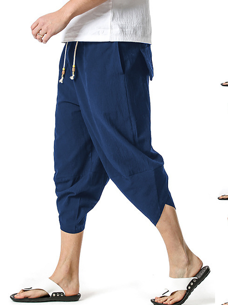 

Cotton Linen Harem Wide Leg 7 Points Pants Men's, Navyblue, Pants