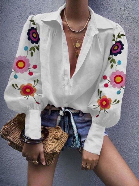 

Floral Casual Loosen Long Sleeve Blouse, White, Blouses and Shirts