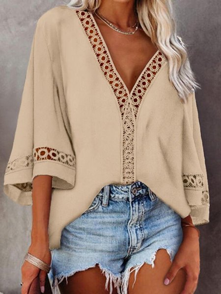 

Casual Three Quarter V Neck Plus Size Tops, Khaki, Tops