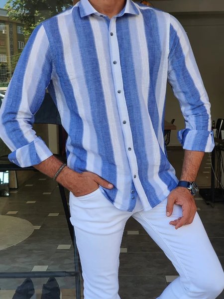 

Cotton Linen Style American Casual Striped Versatile Linen Shirt, As picture, Shirts ＆ Blouse
