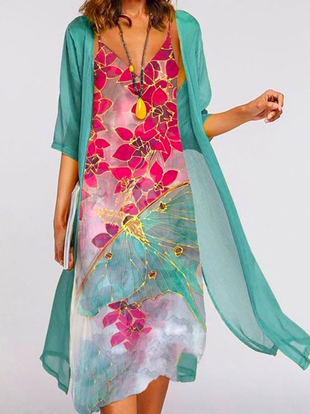 

Loosen Casual V Neck Short Sleeve Woven Dress, As picture, Midi Dresses