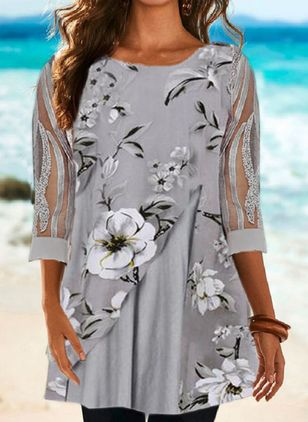 

Cotton Casual Floral Tops, Gray, Long sleeve tops