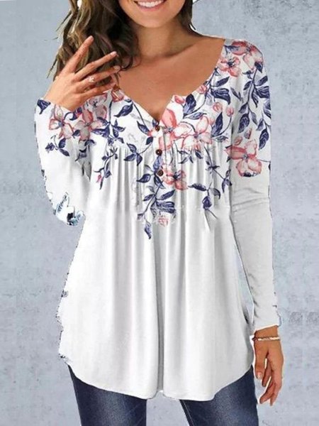 

Floral print button loose A-Shirt T-shirt Plus Size, White, Long sleeve tops