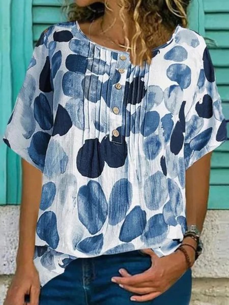 

Casual Floral Short Sleeve Round Neck Plus Size Printed Tops, Blue, Tops