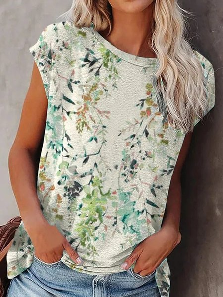 

Leaves Printed Casual Round Neck Short Sleeve Loosen T-Shirt, As picture, T-Shirts
