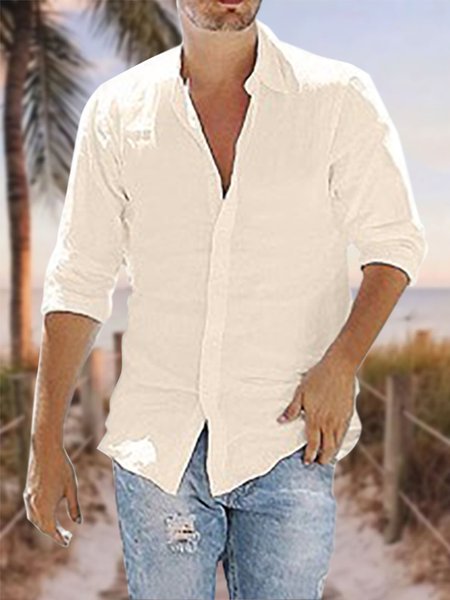 

Men's Cotton Linen Style Lapel Long Sleeve Shirt, Beige, Shirt