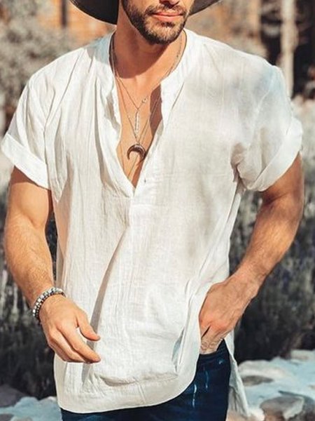 

Men's Plain Vintage Cotton Linen Shirt, White, Long Sleeve Basic Shirts