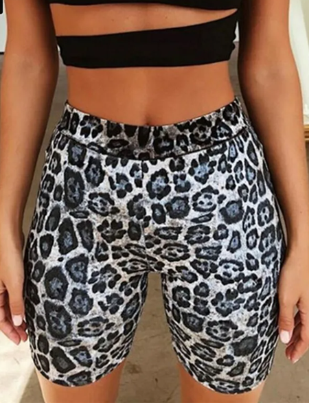 

casual skinny Leopard Shorts Mid Waist Daily, Black, Shorts