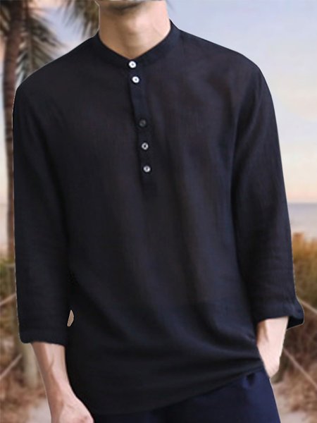 

Men's Cotton Linen Style Half Placket Stand Collar Shirt, Black, Shirt
