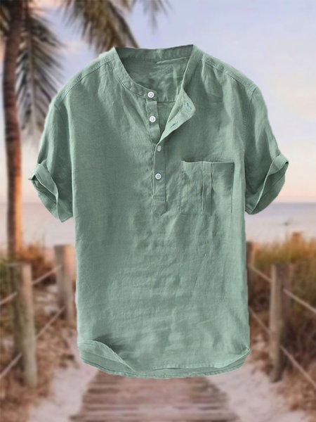 

Men's Cotton Linen Style Half Placket Stand Collar Short Sleeve Shirt, Army green, Shirt