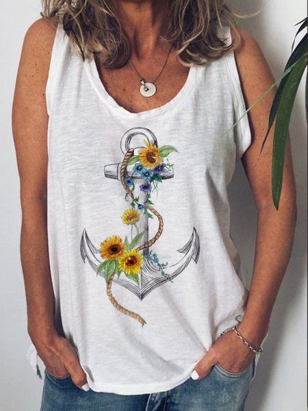 

Floral Casual Knit Tank Loosen Daily Summer, White, Tanks & Camis