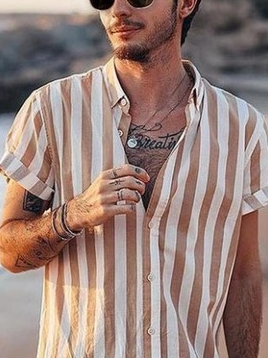 

Men's Casual Striped Short Sleeve Shirt, Yellow, Shirt
