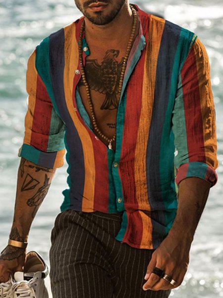 

Men's Casual Striped Short Sleeve Shirt, Multicolor, Long Sleeve Floral Shirts