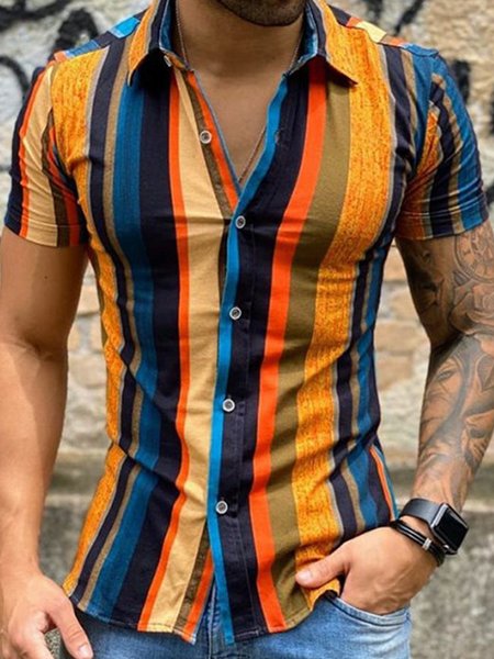 

Men's Cotton Linen Striped Short Sleeve Shirt, Yellow, Men's Floral shirt