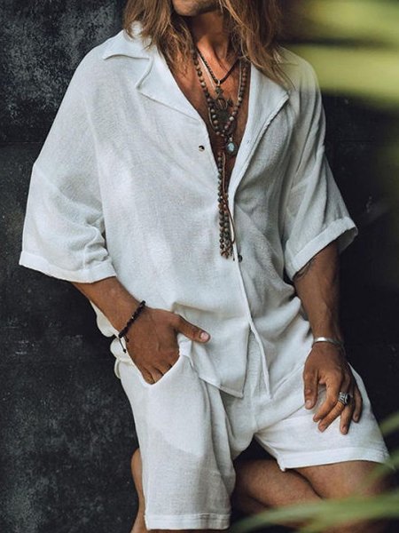

Men's Casual Cotton Linen Short Sleeve Shirt, White, Shirts ＆ Blouse