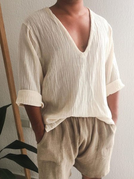 

Men's Vintage Cotton Linen Loose Long Sleeve Shirt, White, Long Sleeve Basic Shirts