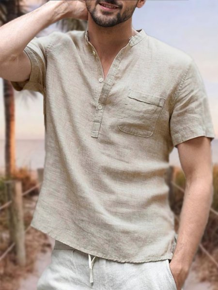 

Men's Cotton Linen Style Half Placket Stand Collar Short Sleeve Shirt, Khaki, Shirt