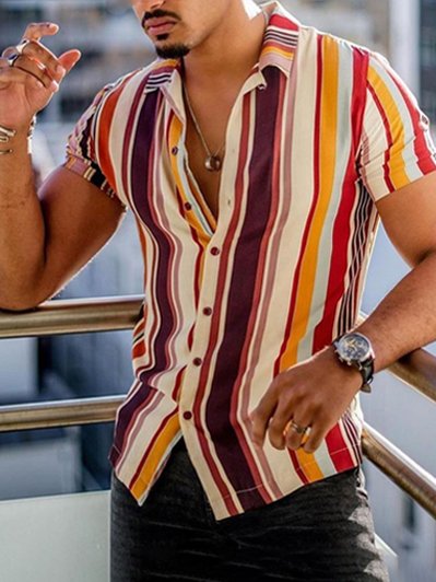 

Men's Casual Striped Short Sleeve Shirt, Multicolor, Men's Floral shirt