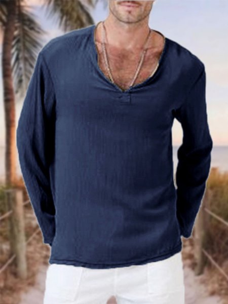 

Men's Cotton Linen Style V-Neck Long Sleeve Tee, Deep blue, T-shirt
