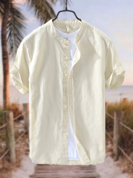 

Men's Cotton Linen Style Stand Collar Short Sleeve Shirt, Khaki, Shirt