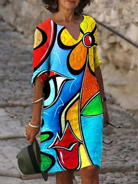 

Vintage Art color block Classic Painted Crew Neck Dresses, Multicolor, Dresses