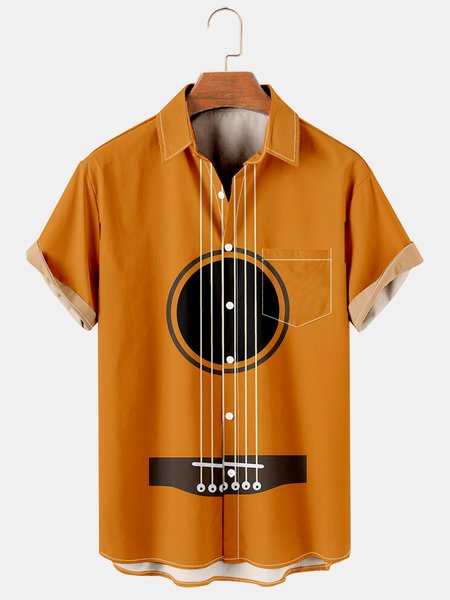 

Mens Music Guitar Casual Breathable Chest Pocket Short Sleeve Hawaiian Shirts, Orange, Men's Floral shirt
