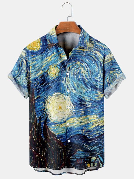 

Mens Retro Van Gogh The Starry Night Lapel Loose Short Sleeve Funky Hawaiian Shirt, Blue, Shirts ＆ Blouse