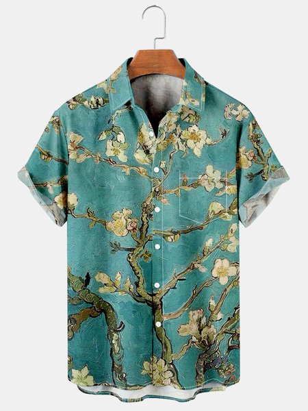 

Mens Retro Van Gogh Almond Blossoms Painting Lapel Loose Short Sleeve Funky Hawaiian Shirts, Green, Shirts ＆ Blouse