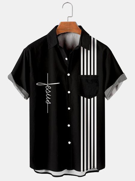 

Mens Jesus Print Casual Breathable Short Sleeve Shirt, Black, Men's Floral shirt