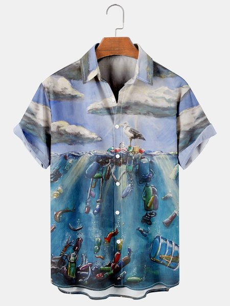 

Mens Eco-Themed Printed Casual Breathable Short Sleeve Shirts, As picture, Men's Floral shirt