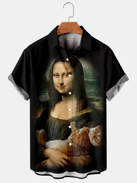 

Mens Mona Lisa Smile with Cats Lapel Loose Short Sleeve Funky Hawaiian Shirts, Black, Shirts ＆ Blouse
