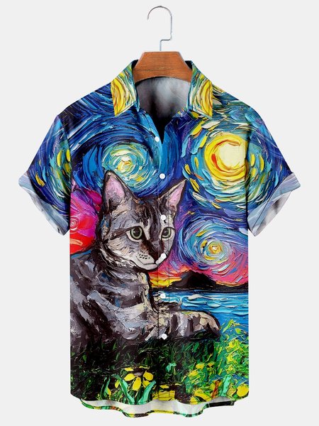 

Mens Van Gogh The Starry Night with Cats Lapel Loose Short Sleeve Funky Hawaiian Shirts, Blue, Shirts ＆ Blouse