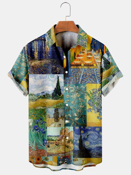 

Mens Van Gogh Art Painting Lapel Loose Short Sleeve Funky Aloha Shirts, Blue, Men's Floral shirt