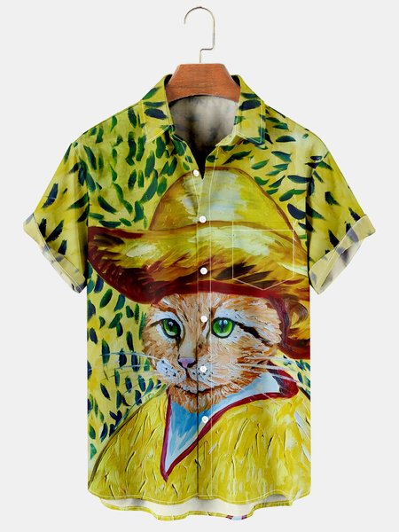 

Mens Van Gogh Self-portrait Painting Lapel Loose Short Sleeve Funky Hawaiian Shirts, Yellow, Shirts ＆ Blouse