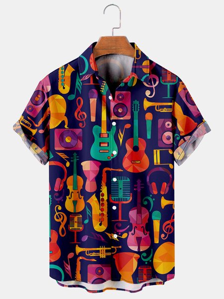 

Mens Music Print Casual Breathable Short Sleeve Shirt, As picture, Men's Floral shirt