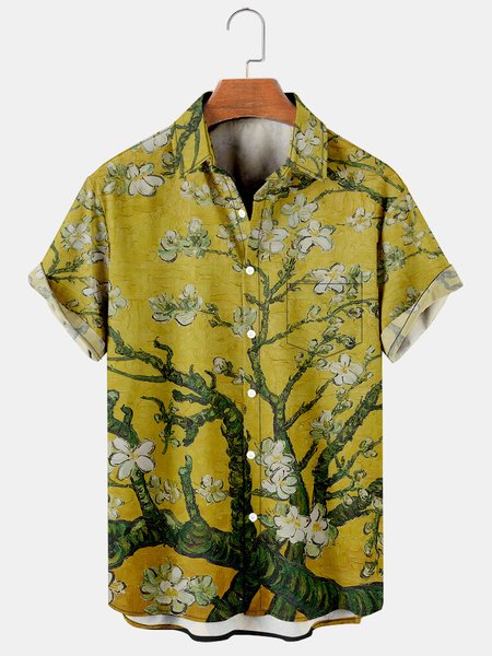 

Mens Retro Van Gogh Almond Blossom Painting Lapel Loose Short Sleeve Funky Hawaiian Shirts, Yellow, Shirts ＆ Blouse