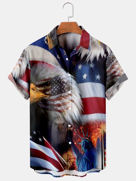 

Mens American Eagle Print Casual Breathable Short Sleeve Shirt, As picture, Men's Floral shirt