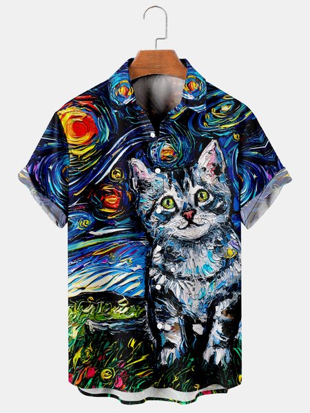 

Mens Van Gogh The Starry Night with Cats Lapel Loose Short Sleeve Funky Aloha Shirts, Blue, Shirts ＆ Blouse