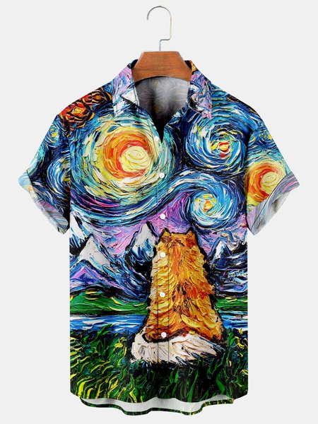 

Mens Van Gogh The Starry Night with Cats Lapel Loose Short Sleeve Funky Hawaiian Shirts, Blue, Shirts ＆ Blouse