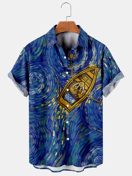 

Mens Van Gogh The Starry Night Little Boat Lapel Loose Short Sleeve Funky Aloha Shirts, Blue, Shirts ＆ Blouse