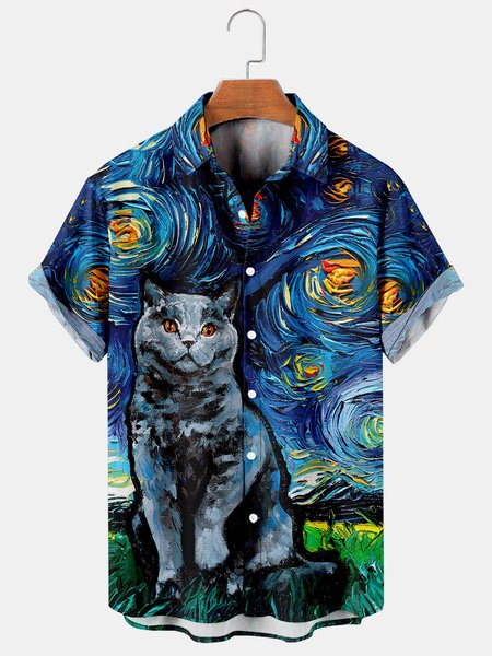 

Mens Van Gogh The Starry Night with British Shorthair Cats Lapel Loose Short Sleeve Funky Hawaiian Shirts, Blue, Shirts ＆ Blouse