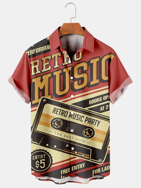 

Mens Retro Music Print Lapel Loose Short Sleeve Hawaiian Shirts, Red, Men's Floral shirt