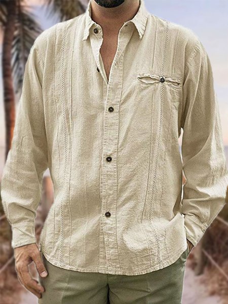 

Men's Cotton Linen Style Lapel Long Sleeve Shirt, Khaki, Shirt