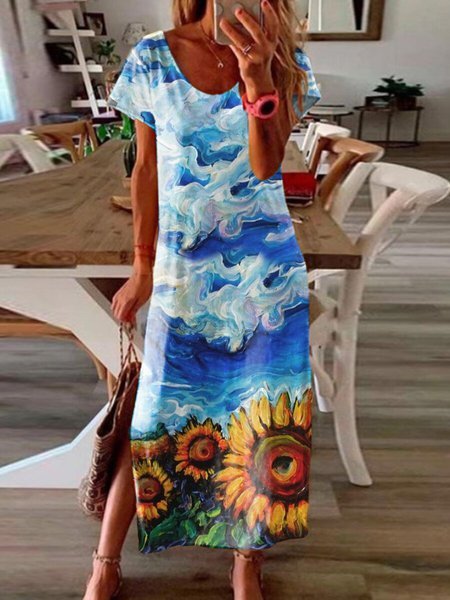 

Long Casual Crew Neck Floral Short Sleeve Woven Dress Spring Summer Loosrn, Blue, Dresses
