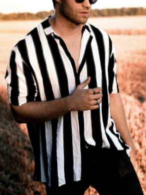 

Men's Casual Striped Short Sleeve Shirt, Black-white, Shirt
