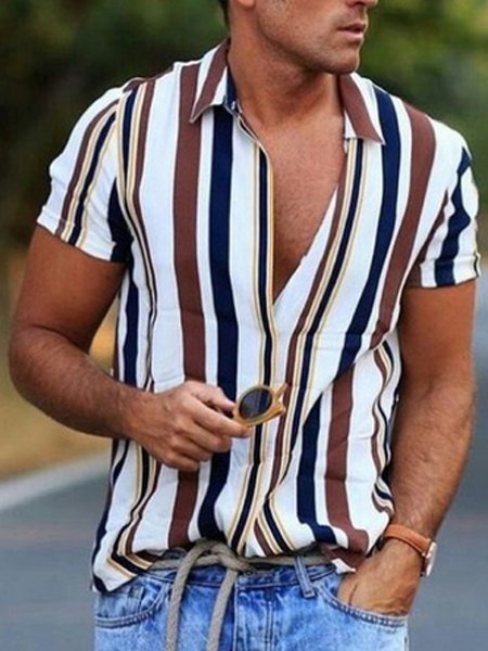 

Men's Casual Striped Short Sleeve Shirt, Stripe, Shirts ＆ Blouse