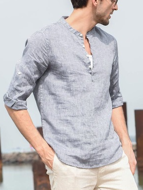 

Men's Cotton Linen Style Half Placket Stand Collar Shirt, Gray, Shirt