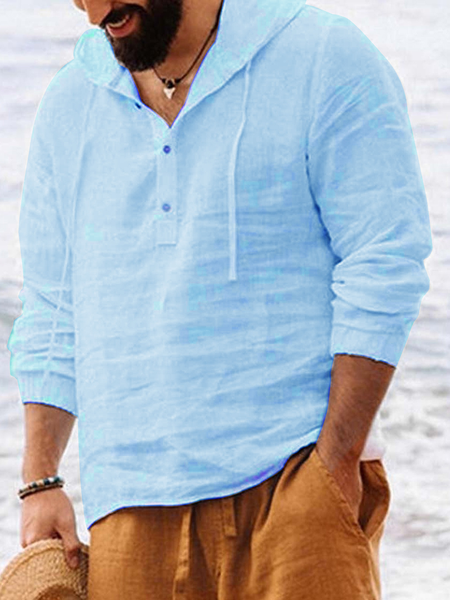 

Plain Cotton Linen Hooded Long Sleeve Shirt Men, Lightblue, Shirt