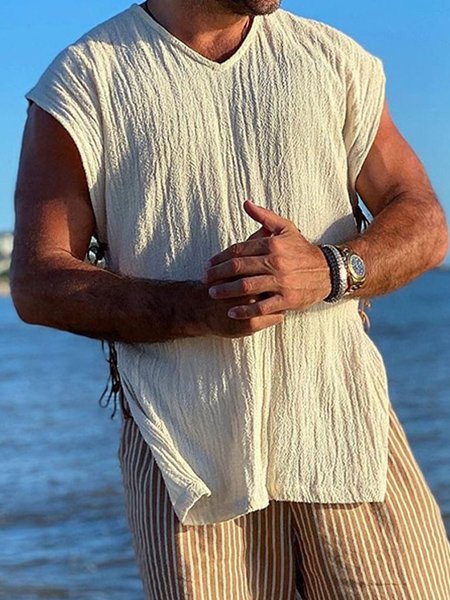 

Men's Vintage Cotton Linen Sleeveless Shirt, White, Shirts ＆ Blouse